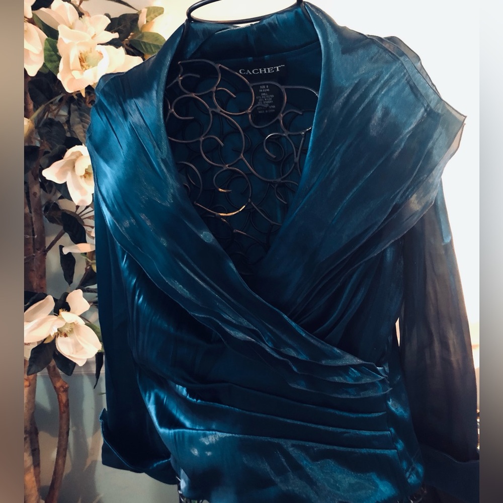 Cachet Women's Deep Blue Teal Satin Blouse - Picture 3 of 12